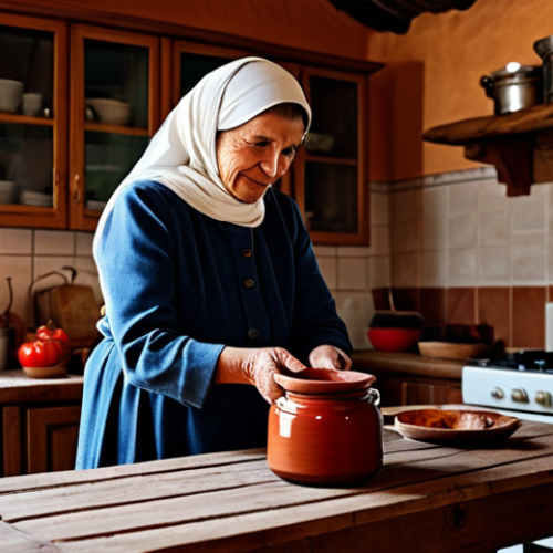 Home 18 A kind, mature Macedonian woman, fully clothed in modest, traditional attire, stands in a cozy, rustic kitchen. She is gently placing a steaming clay pot of Tavče Gravče, rich red-brown from paprika, onto a rustic wooden table. The kitchen features warm, inviting lighting and traditional elements in the background. This scene depicts delicious, authentic food and a comforting atmosphere. fully clothed, modest clothing, appropriate attire, professional dress, safe for work, appropriate content, family-friendly, perfect anatomy, correct proportions, natural pose, well-formed hands, proper finger count, natural body proportions, professional photography, high quality.
