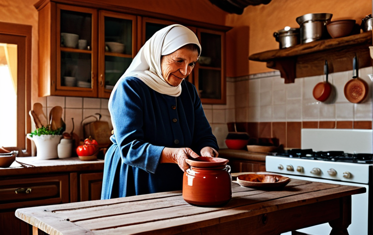 A kind, mature Macedonian woman, fully clothed in modest, traditional attire, stands in a cozy, rustic kitchen. She is gently placing a steaming clay pot of Tavče Gravče, rich red-brown from paprika, onto a rustic wooden table. The kitchen features warm, inviting lighting and traditional elements in the background. This scene depicts delicious, authentic food and a comforting atmosphere. fully clothed, modest clothing, appropriate attire, professional dress, safe for work, appropriate content, family-friendly, perfect anatomy, correct proportions, natural pose, well-formed hands, proper finger count, natural body proportions, professional photography, high quality.