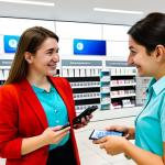 A professional female traveler in a modest business casual outfit, fully clothed, interacting with a friendly store employee in a modern, brightly lit mobile phone store in North Macedonia. The traveler is holding a passport, and the employee is holding a SIM card, symbolizing a quick and easy activation process. The background is clean with subtle branding, conveying efficiency. safe for work, appropriate content, fully clothed, professional, perfect anatomy, correct proportions, natural pose, well-formed hands, proper finger count, natural body proportions, professional photography, high quality, realistic.