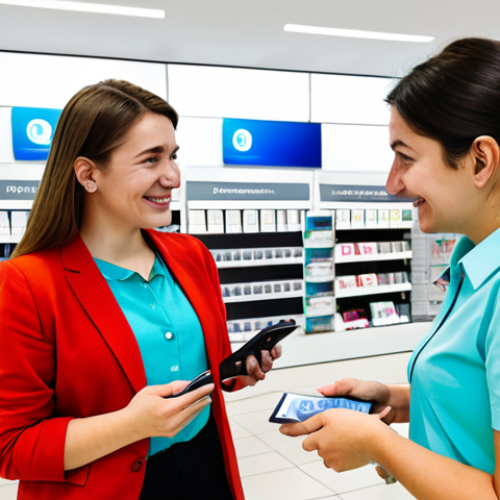 Home 17 A professional female traveler in a modest business casual outfit, fully clothed, interacting with a friendly store employee in a modern, brightly lit mobile phone store in North Macedonia. The traveler is holding a passport, and the employee is holding a SIM card, symbolizing a quick and easy activation process. The background is clean with subtle branding, conveying efficiency. safe for work, appropriate content, fully clothed, professional, perfect anatomy, correct proportions, natural pose, well-formed hands, proper finger count, natural body proportions, professional photography, high quality, realistic.