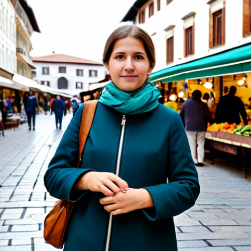 Home 8 A vigilant female traveler, composed and alert, wearing a modest and practical travel outfit, fully clothed, standing in a bustling historic market square in Skopje, with traditional architecture in the background. She subtly adjusts her secure, zippered crossbody bag. Professional photography, perfect anatomy, correct proportions, natural pose, well-formed hands, proper finger count, natural body proportions, safe for work, appropriate content, fully clothed, modest, family-friendly.