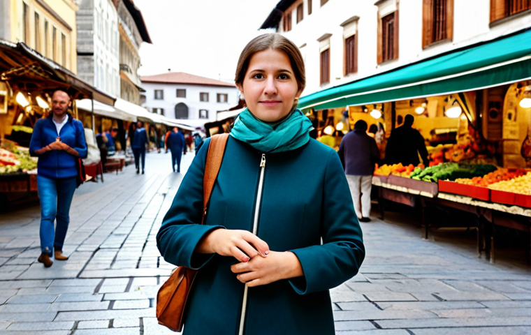 A vigilant female traveler, composed and alert, wearing a modest and practical travel outfit, fully clothed, standing in a bustling historic market square in Skopje, with traditional architecture in the background. She subtly adjusts her secure, zippered crossbody bag. Professional photography, perfect anatomy, correct proportions, natural pose, well-formed hands, proper finger count, natural body proportions, safe for work, appropriate content, fully clothed, modest, family-friendly.