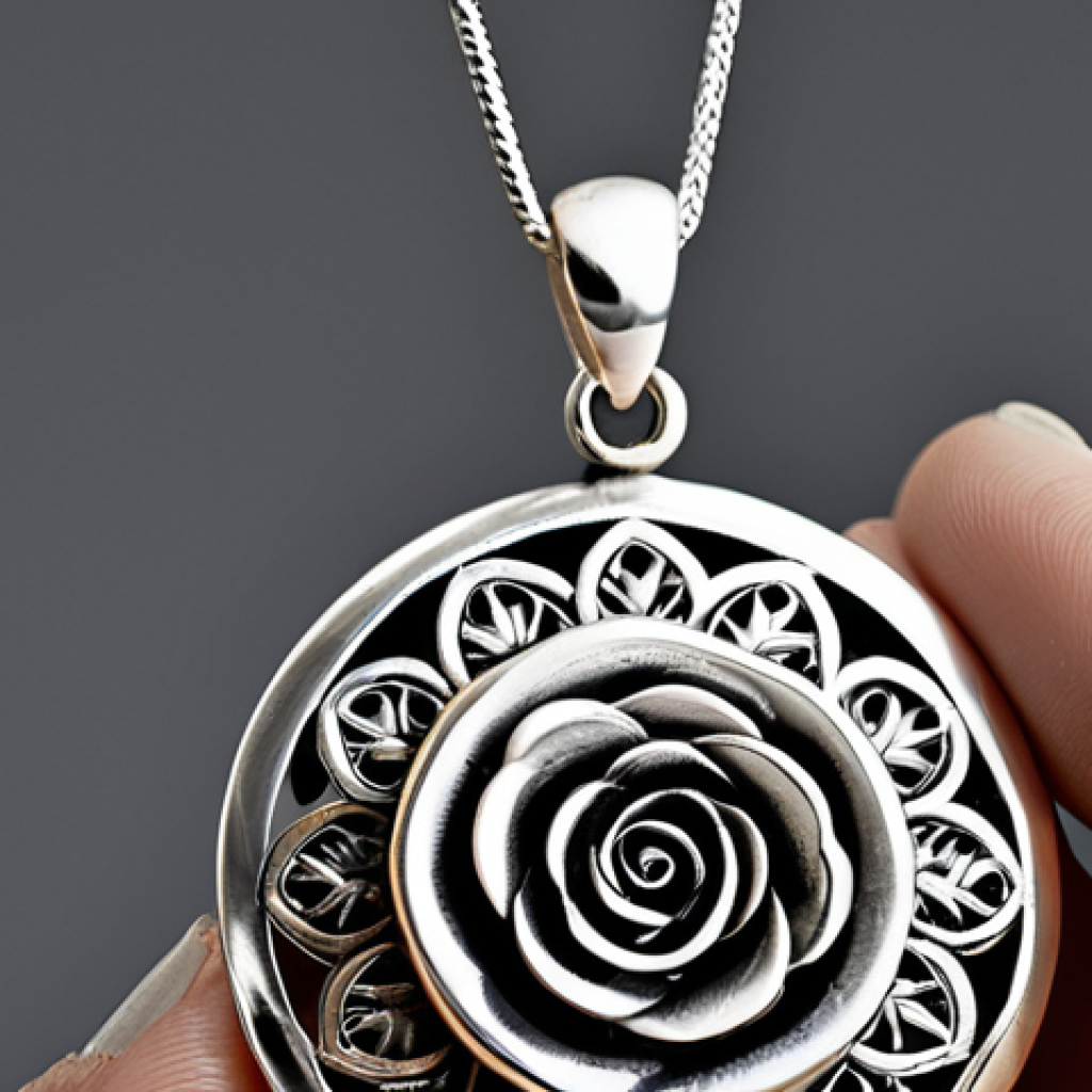 Ohrid Filigree Jewelry**

A close-up studio shot of a delicate silver filigree pendant in the shape of the Ohrid Rose. The pendant is intricately detailed, showcasing the fine craftsmanship. The background is a soft, neutral gray. Focus on the detail and texture of the silver. safe for work, appropriate content, fully clothed, professional, modest, perfect anatomy, correct proportions, well-formed hands, proper finger count, natural body proportions.

**