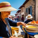 북마케도니아에서 신용카드 사용 가능 여부 - **Prompt:** A vibrant, sun-drenched street market in a charming Macedonian village. In the foregroun...