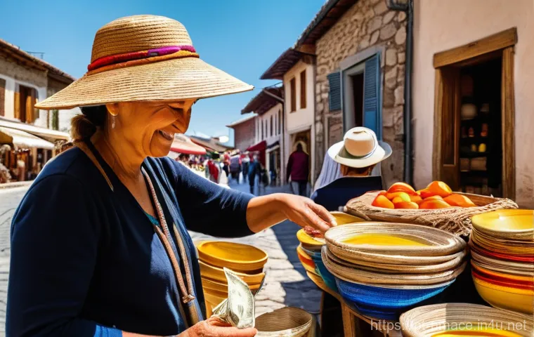 북마케도니아에서 신용카드 사용 가능 여부 - **Prompt:** A vibrant, sun-drenched street market in a charming Macedonian village. In the foregroun...