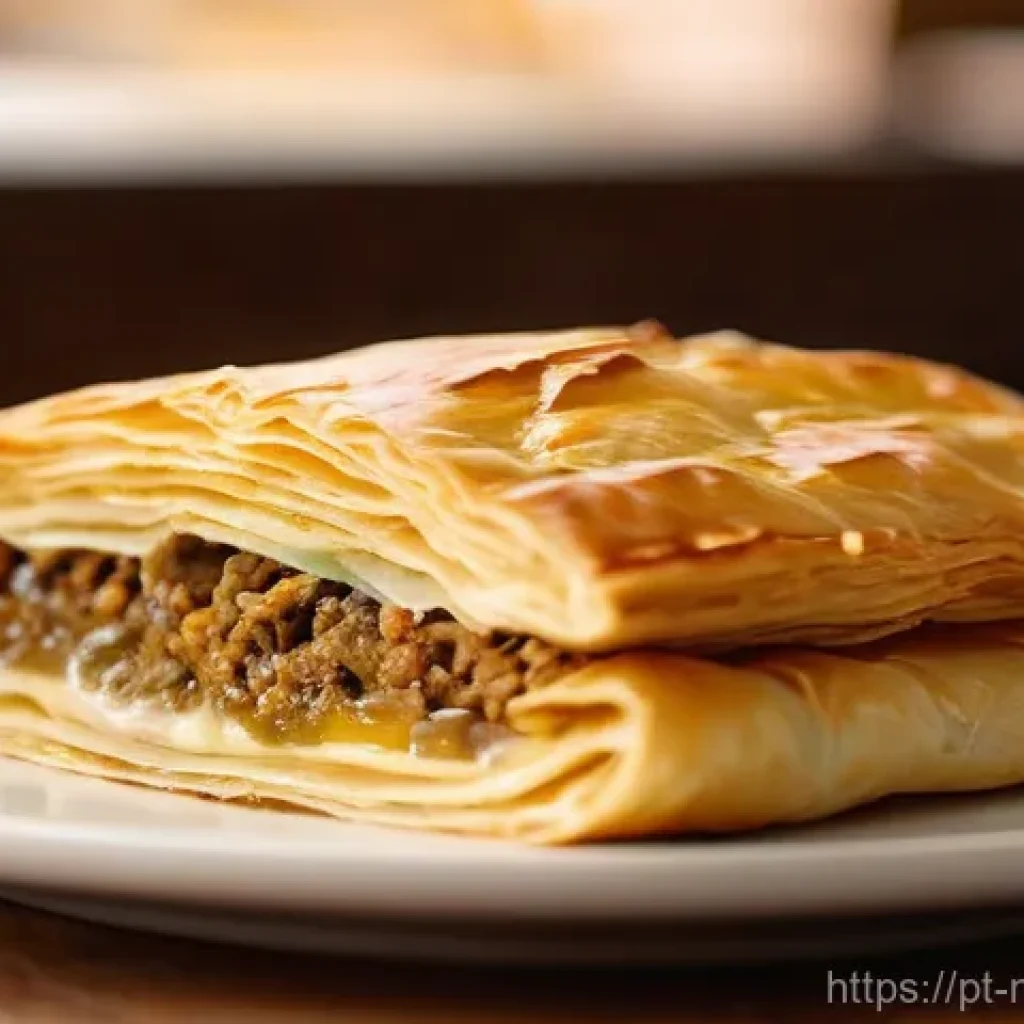 북마케도니아에서 인기 있는 스트리트 푸드 - **Prompt:** A close-up, mouth-watering shot of a freshly baked Macedonian Burek. The flaky, golden-b...