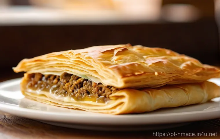 북마케도니아에서 인기 있는 스트리트 푸드 - **Prompt:** A close-up, mouth-watering shot of a freshly baked Macedonian Burek. The flaky, golden-b...