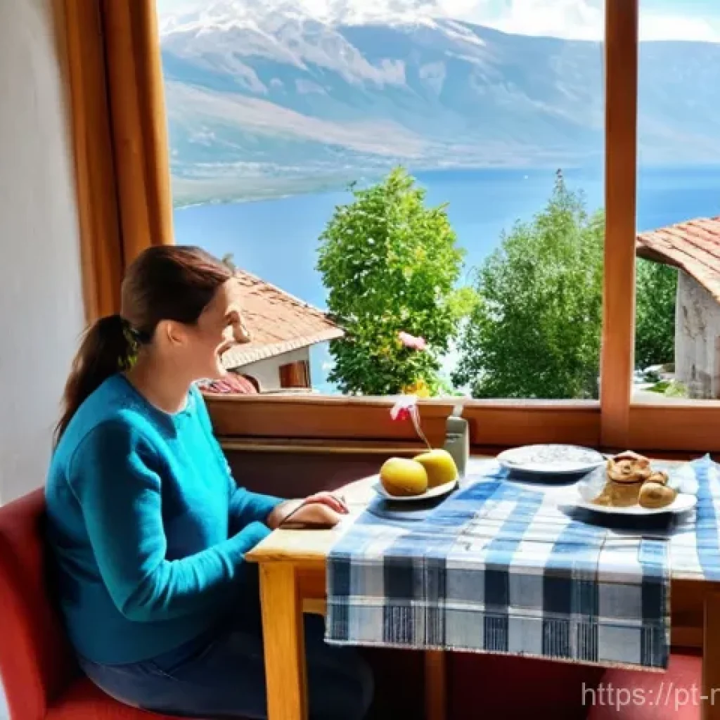북마케도니아에서 저렴하게 숙박하는 방법 - **"A warm and inviting scene inside a traditional Macedonian guest house in Ohrid. A female traveler...