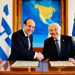 북마케도니아 NATO 가입 과정 - **Prompt 1: A Historic Handshake of Peace**
    "Two distinguished diplomatic figures, one represent...