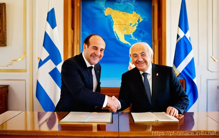 북마케도니아 NATO 가입 과정 - **Prompt 1: A Historic Handshake of Peace**
    "Two distinguished diplomatic figures, one represent...