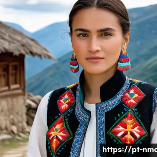 Home 33 북마케도니아 전통 의상 - A detailed portrait of a Macedonian woman wearing a traditional embroidered linen shirt and a wool v...