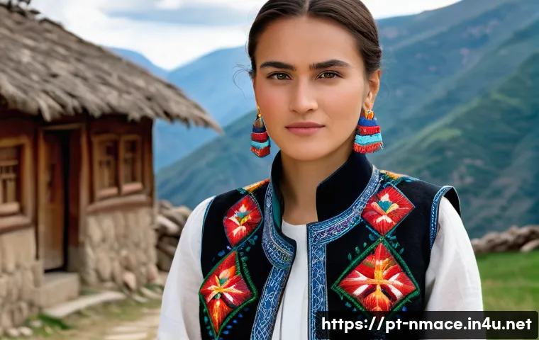 북마케도니아 전통 의상 - A detailed portrait of a Macedonian woman wearing a traditional embroidered linen shirt and a wool v...