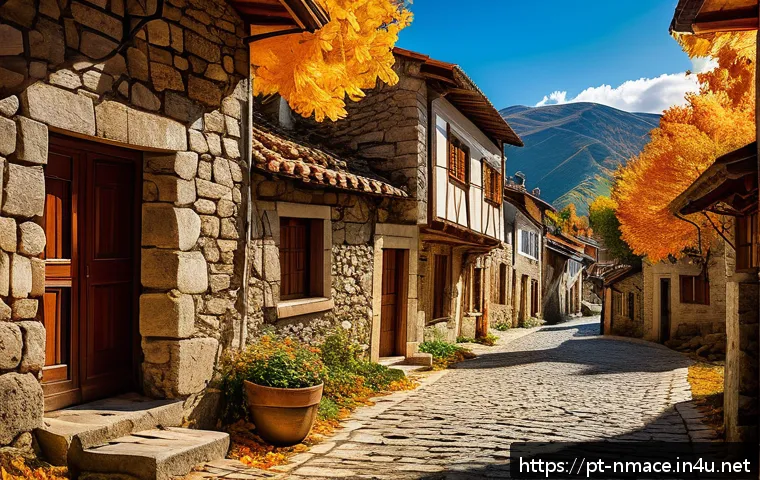 북마케도니아에서 소규모 마을 탐방 - A charming traditional mountain village in North Macedonia during autumn, featuring cobblestone stre...