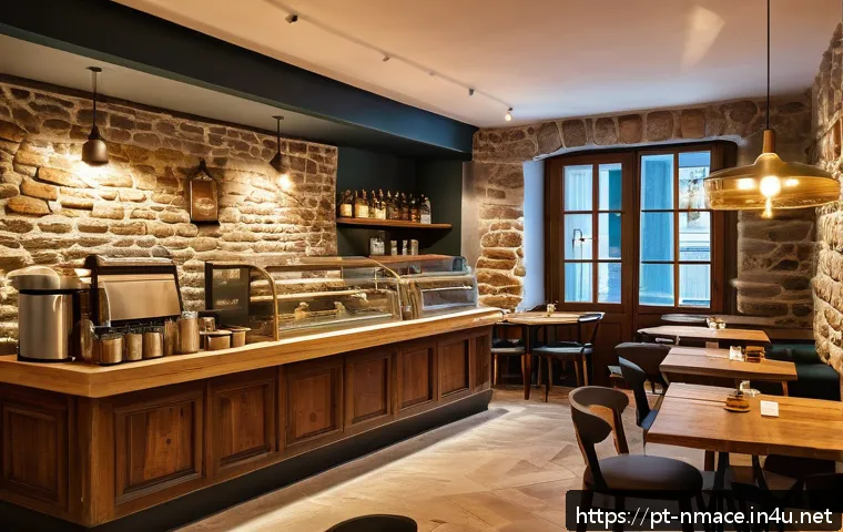 북마케도니아에서 유럽 스타일 카페 탐방 - A cozy café interior in North Macedonia blending historic and modern design elements: exposed stone ...