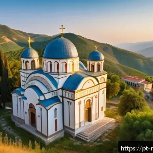 Home 17 마케도니아 정교회 역사 - A majestic Byzantine-style Orthodox church in Macedonia during golden hour, featuring intricate fres...