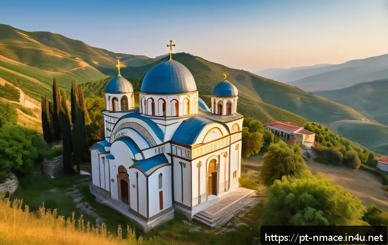 마케도니아 정교회 역사 - A majestic Byzantine-style Orthodox church in Macedonia during golden hour, featuring intricate fres...